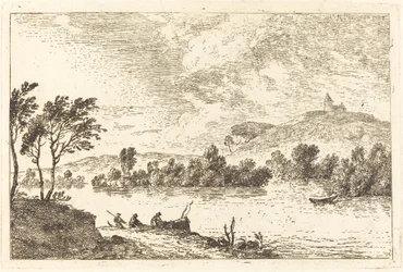 Paisagem fluvial com figuras e um barco à beira da água