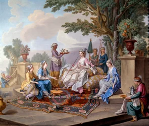 Almoço do Sultão. Pintura em porcelana macia de Nicolas Pierre Pithou Le Jeune (século XVIII) 1783 Dim. 0,39x0,49 m Sevres, citação em cerâmica - O pequeno-almoço da Sultana. Pintura em porcelana de pasta mole de Nicolas Pierre Pithou The Younger (século X