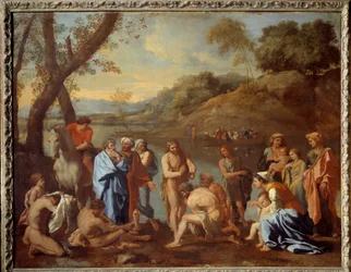 São João batizando o povo. São João Batista abençoou os homens à beira de um rio. Pintura de Nicolas Poussin