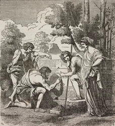 Shepherds of Arcadia, após pintura de Nicolas Poussin, ilustração do Teatro universale, Raccolta enciclopedica e scenografica, No 512, 4 de maio