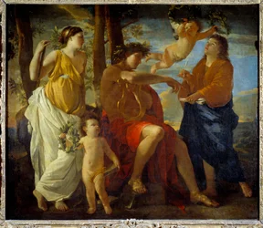 A inspiração do poeta Un poete, uma lira na mão e touca de uma coroa de louros, é cercada por musas e putti. pintura de Nicolas Poussin
