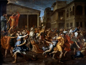 A remoção dos sabines pelos romanos. Romulus, à esquerda, observa a cena. Pintura de Nicolas Poussin