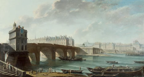 A bomba Samaritaine, Pont-Neuf, Ile de la Cite e o cais Conti vistos do cais do Louvre, antes de 1771 (óleo sobre tela)