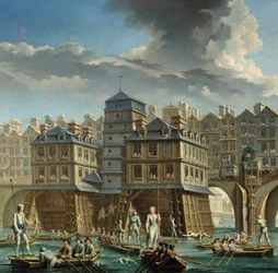 detalhe do quadro: O Joute des mariniers entre o Pont Notre-Dame e o Pont-au-Change" Um joute náutico sobre o Sena em Paris. Pintura de Nicolas Jean Baptiste Raguenet (1715-1793) 1756 Paris, Musee Carnavalet