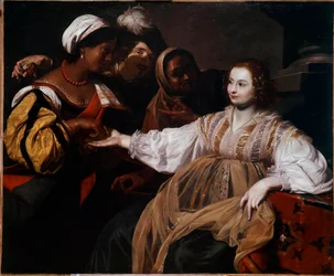 A cartomante Uma mulher veio consultar um palmista. Pintura de Nicolas Regnier (1591-1667) Sun. 1,2x1,5 m