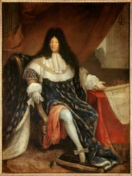 Retrato no pé de Luís XIV (1638-1715) segurando a planta da casa real de São Cyr (Saint-Cyr). Pintura de Nicolas René Jollain, o Antigo
