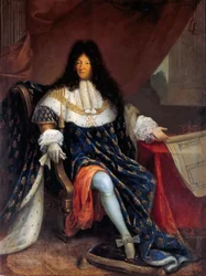 Retrato de Luís XIV segurando a planta da Maison Royale de Saint-Louis em Saint-Cyr