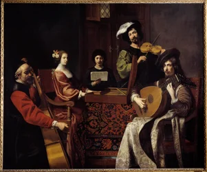 Música barroca: «O concerto». Músicos a tocar instrumentos de corda. Pintura de Nicolas Tournier (1590-1657), século XVII, Sun. 1,88 x 2,26 m