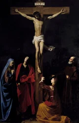 Cristo na cruz, a Virgem, a Madeleine, São João e São Vicente de Paulo Inscrição "INRI" na cruz. Pintura de Nicolas Tournier (1590-1657)