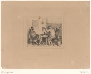 Três camponeses bêbados em um pub Vive la joie (título no objeto) Sketches 1837 (título da série) Croquis por Charlet 1837 (título da série)