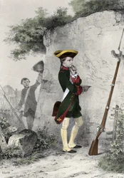 Napoleão I Bonaparte (1769 - 1821), na escola militar de Brienne, em 1783. Gravura de Charlet do século XIX.