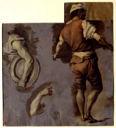 Estudo da anatomia, movimentos dos braços e costas do homem Desenho a óleo por Nicolas Vleughels (1668-1737) Sol. 0,28x0,25 m