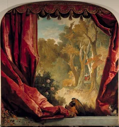Composição decorativa com cortinas, paisagem e animais Pintura de Nicolas de Largilliere (1656-1746) Sol do século XVIII. 2,61x2,51 m