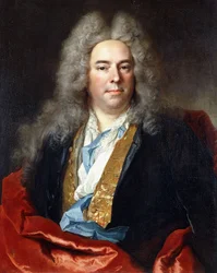 Retrato de Jacques Vincent Bassablons, conselheiro do rei, metade do comprimento, vestindo um casaco azul com um colete bordado em ouro e um envoltório vermelho, 1718