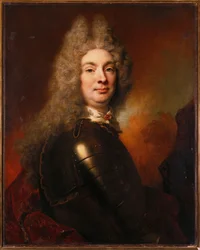 Retrato de um nobre de armadura, vestindo uma capa vermelha