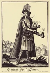 Caffettier: "Habit de Caffettier "(Cafeteira ou negociante de café, chocolate, chá, licores) Desenho satírico de "Costumes Grotesques" de Nicolas de Larmessin (1640-1725)