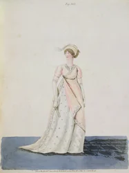 Vestido da tarde, fig. 303 da "Galeria da Moda" de Nikolaus Heideloff, Vol. II, junho de 1801 (aquatinta)
