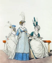 Vestidos de noite para a ópera e concertos, fig. 96, fig. 97 7 fig. 98 da "Galeria da Moda", 1797