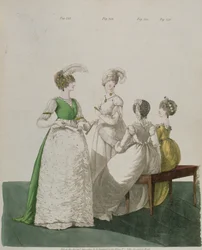 Quatro meninas em vestidos de baile da &39;Galeria da Moda&39; de N. Heideloff, abril de 1800