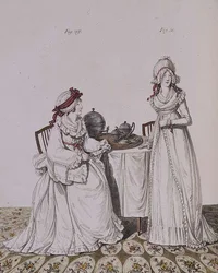 Duas senhoras ao pequeno-almoço no camarim, com toucas e peignoirs, da "Galeria da Moda" de Nikolaus Heideloff, Vol I, Novembro 1794 (estampado)