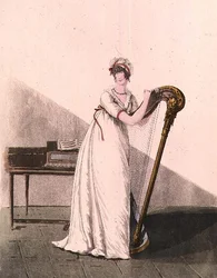 Jovem com uma harpa da "Galeria da Moda" de Heideloff, no início do século XIX (gravura colorida)