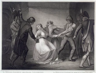 Revolução Francesa: a irmã do Rei Luís XVI Elisabeth de França (1764-1794) foi libertada da prisão de Concierge a 10/05/1794. Gravura de Niccolo Schiavonetti (falecido em 1813) Paris, Musee Carnavalet