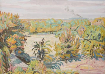 Um jardim visto da residência do artista. Outono