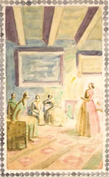 Cinco rascunhos para decoração de afrescos em H.C. Andersen Memorial Hall em Odense