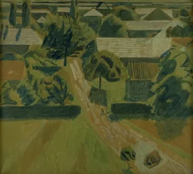 Paisagem com casas e uma estrada onde duas pessoas estão deitadas de bruços