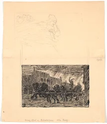 Dois rascunhos de ilustração para Sønderjyske Folkesagn, v. F. Ohrt. F.o. Onde você menos espera e f.n. Rei Abel e os matadores de cordas