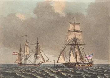Um corsário inglês inspecionando um navio dinamarquês que explode em chamas