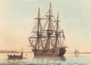 Um navio orlog dinamarquês ancorado em uma manhã tranquila