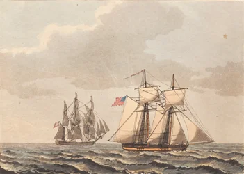 Um navio dinamarquês e uma escuna americana para vento lateral
