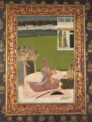 Retrato do marajá Savant Singh com o consorte, Bani Thani, meados dos anos 1700.