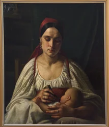 Camponesa russa alimentando seu bebê com chifre de vaca. (Mulher camponesa russa alimentando seu bebê com um chifre de vaca). Pintura de Nikifor Stepanovich Krylov (Krilov) (1802-1831), óleo sobre tela