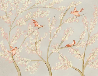 Pássaros cor-de-rosa e flores da primavera