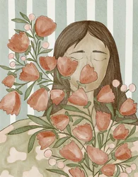 Mulher serena com flores