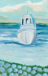 Barco Branco e Hortênsias Azuis