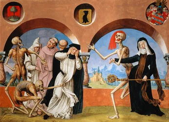 Morte, monges e abadessa do ciclo de Dança da Morte de Albrecht Kauw