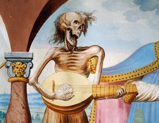 A Morte tocando a mandola, detalhe da Morte, o Patriarca e o Bispo do ciclo de Dança da Morte de Albrecht Kauw