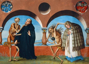 Morte, o Abade e o Cânon (o assistente do Abade) do ciclo de Dança da Morte de Albrecht Kauw