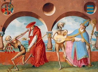 Morte, o Patriarca e o Bispo do Ciclo de Dança da Morte de Albrecht Kauw