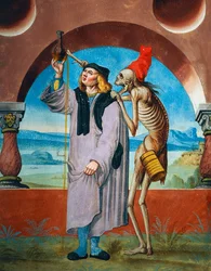 Morte com Doutor, detalhe da Morte, Advogado e Doutor do ciclo de Dança da Morte de Albrecht Kauw