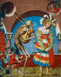 Morte com gaita-de-foles e Prostituta, detalhe da Morte, Mercenário e Prostituta do ciclo Dança da Morte de Albrecht Kauw