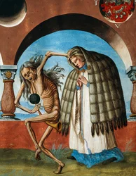Morte com o Cânon, detalhe da Morte, Abade e o Cânon (o assistente do Abade) do ciclo Dança da Morte de Albrecht Kauw