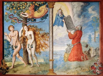 Expulsão de Adão e Eva do Éden e Moisés recebendo as Tábuas, do ciclo de Dança da Morte de Albrecht Kauw