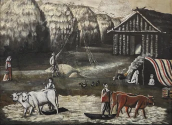 Threshing Yard. Noite (terreno de battage, le soir) par Pirosmani (Pirosmanashvili), Niko (1862-1918). Óleo sobre papelão, tamanho : 77x106
