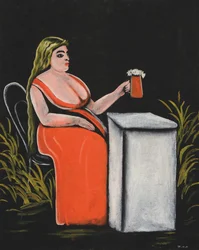 Mulher com uma caneca de cerveja.