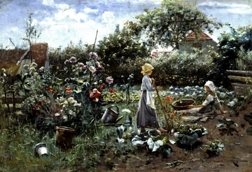 Na horta. Duas jovens conversam numa horta. Uma faz jardinagem e a outra colhe legumes. Pintura de Nikola Mašić (1852-1902), coleção particular