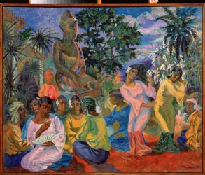 Uma noite na Índia (as mulheres estão reunidas em torno de uma estátua monumental, umas a dançar, outras a conversar). Pintura por Nikolai Afanasyevich Rusakov (1888-1941), óleo sobre tela